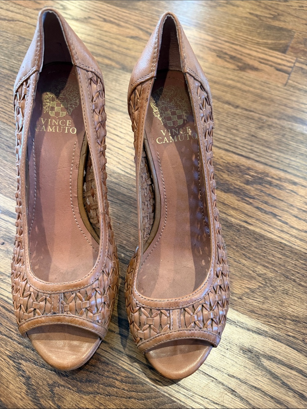 Vince Camuto Tan Woven Peep-Toe Pumps